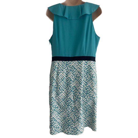 Size 12 TEAL RUFFLE NECK‎ SHEATH DRESS W/POCKETS Spring Summer Church Career - Picture 3 of 4